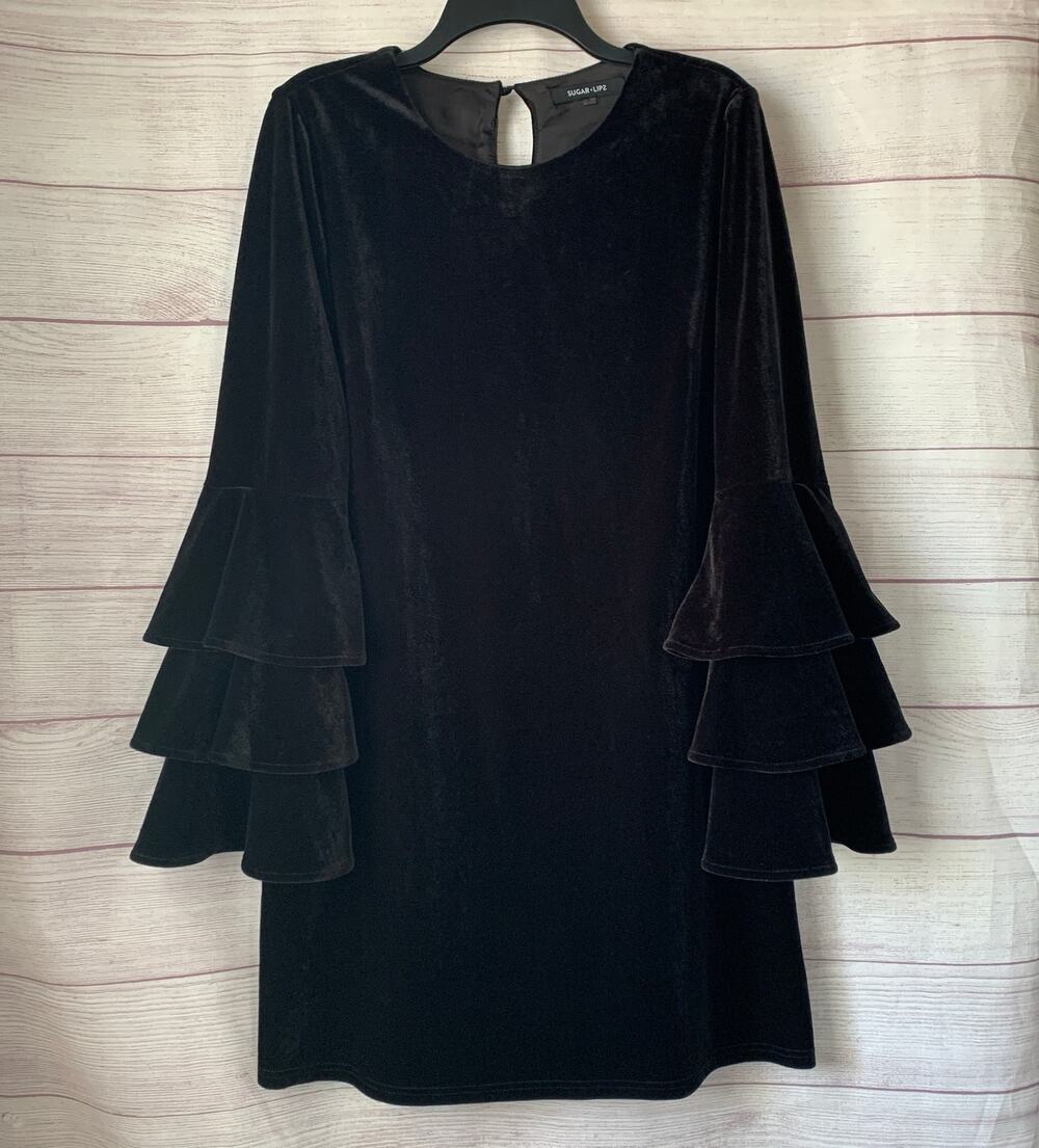 Sugarlips Black Velvet Shift Dress Long Tiered Bell Sleeves Size